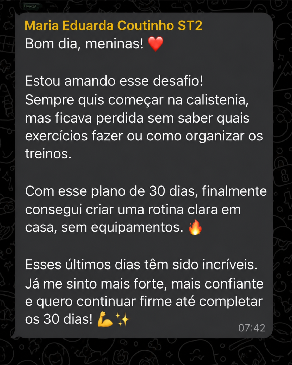 Depoimento de aluna sobre o plano de 30 dias